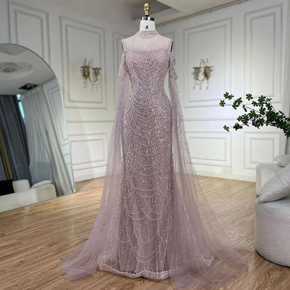 Serene Hill Arabic Purple Mermaid Cape Sleeves Beaded Luxury Long Evening Dresses Gowns 2025 For Woman Wedding Party LA71992 - SERENE HILL