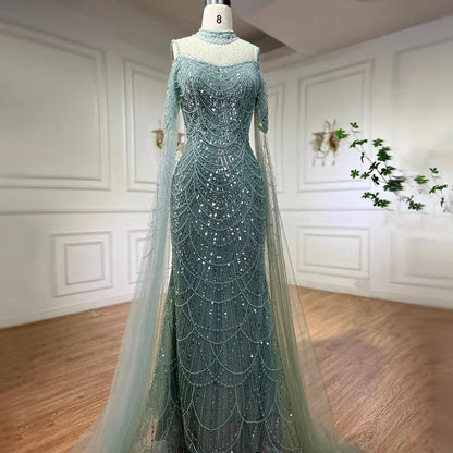 Serene Hill Arabic Purple Mermaid Cape Sleeves Beaded Luxury Long Evening Dresses Gowns 2025 For Woman Wedding Party LA71992 - SERENE HILL