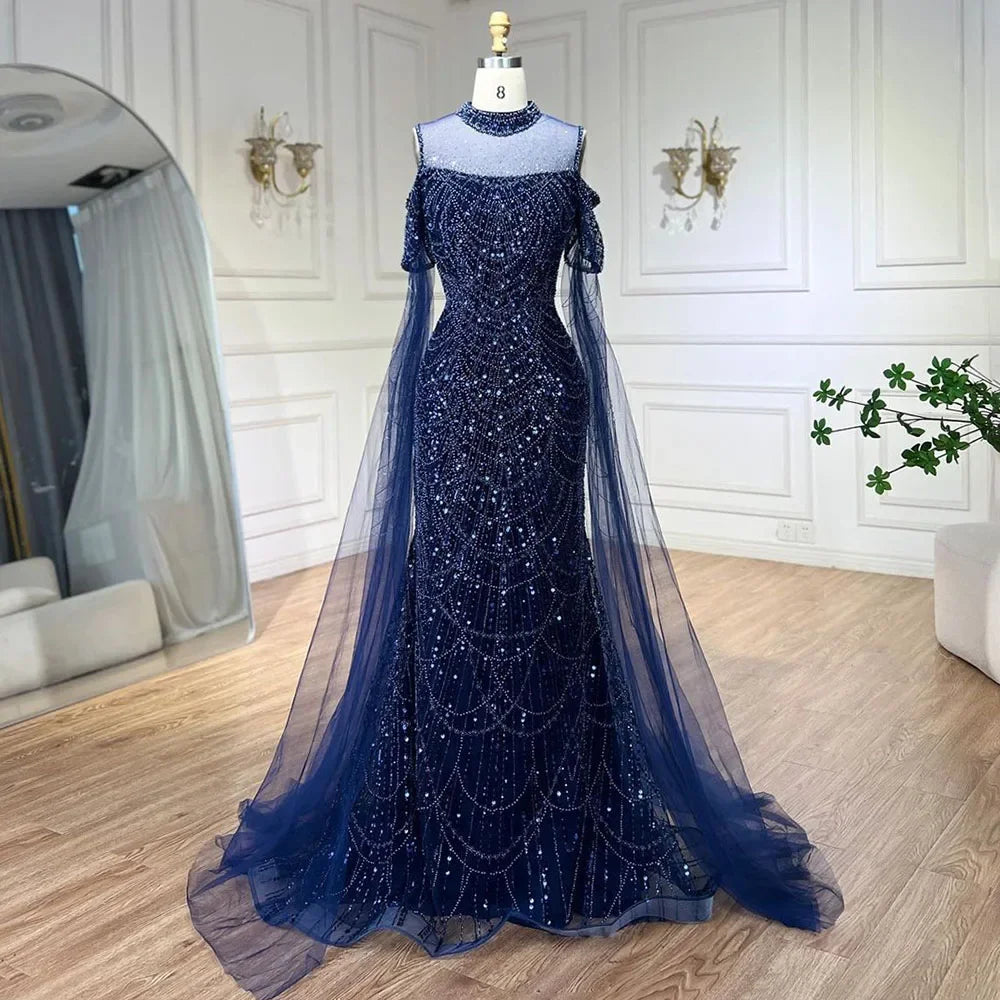 Serene Hill Arabic Purple Mermaid Cape Sleeves Beaded Luxury Long Evening Dresses Gowns 2025 For Woman Wedding Party LA71992 - SERENE HILL