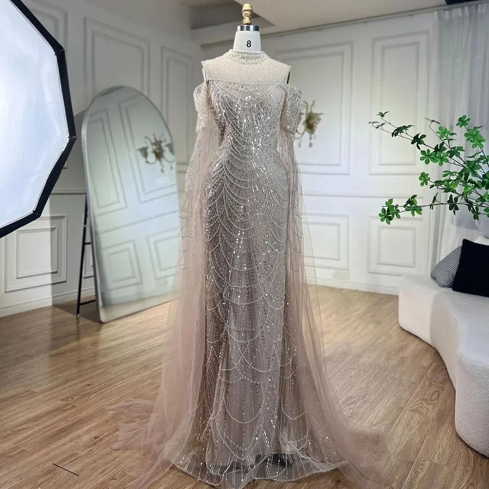 Serene Hill Arabic Purple Mermaid Cape Sleeves Beaded Luxury Long Evening Dresses Gowns 2025 For Woman Wedding Party LA71992 - SERENE HILL