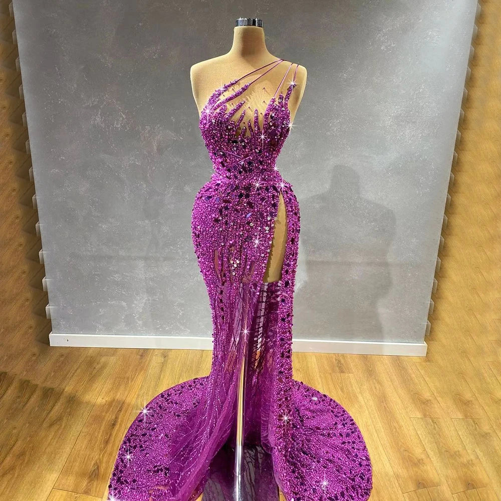 Luxury Dubai Arabic Purple Mermaid One Shoulder High Split Beaded Luxury Evening Dresses Gowns For Women Party LA71820 - SERENE HILL