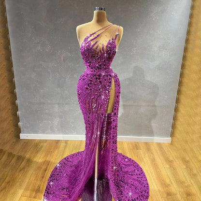 Luxury Dubai Arabic Purple Mermaid One Shoulder High Split Beaded Luxury Evening Dresses Gowns For Women Party LA71820 - SERENE HILL