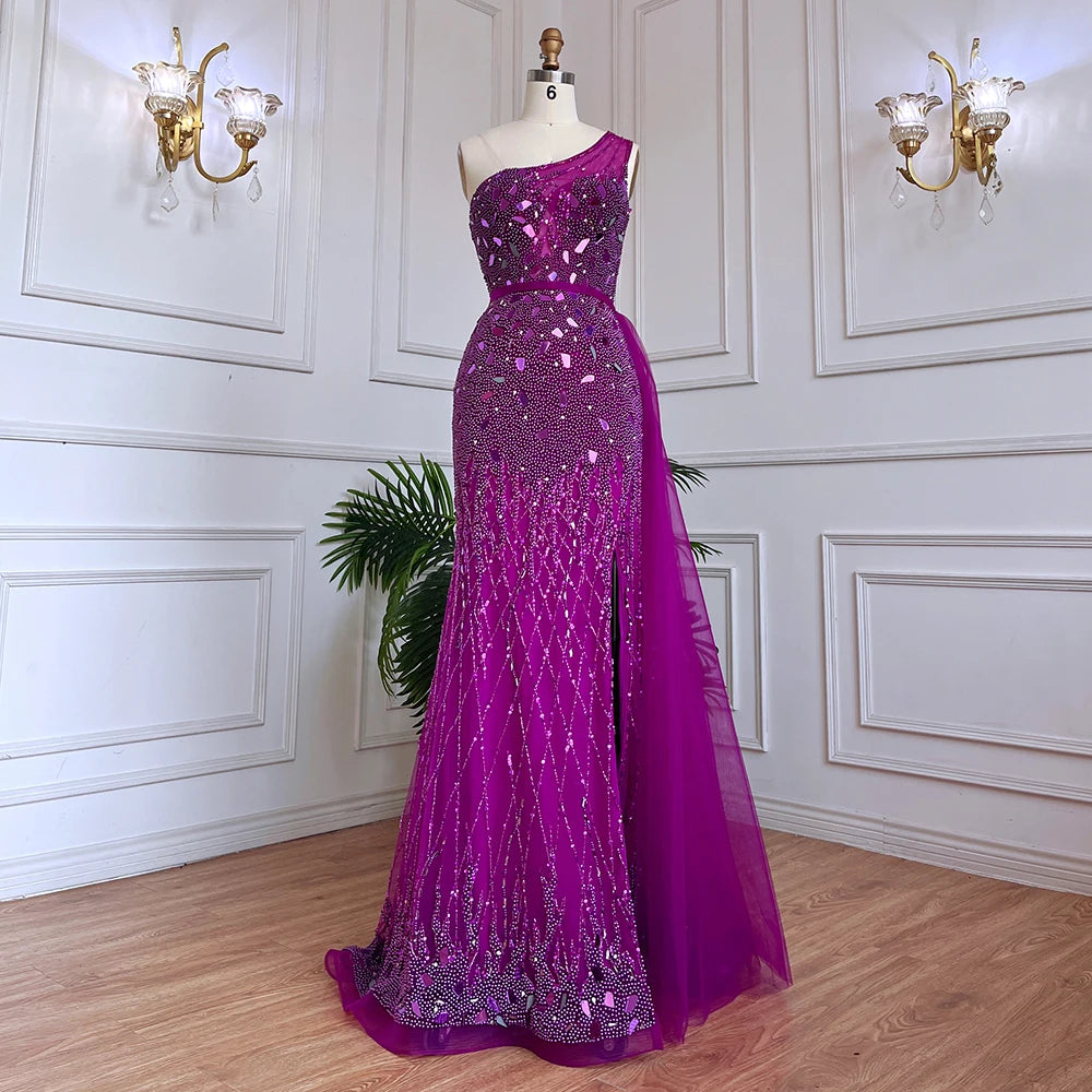 Luxury Dubai Arabic Purple Mermaid One Shoulder High Split Beaded Luxury Evening Dresses Gowns For Women Party LA71820 - SERENE HILL