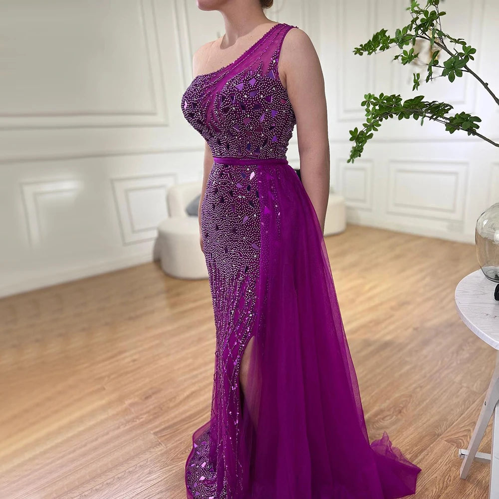 Luxury Dubai Arabic Purple Mermaid One Shoulder High Split Beaded Luxury Evening Dresses Gowns For Women Party LA71820 - SERENE HILL