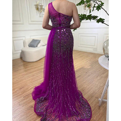 Luxury Dubai Arabic Purple Mermaid One Shoulder High Split Beaded Luxury Evening Dresses Gowns For Women Party LA71820 - SERENE HILL