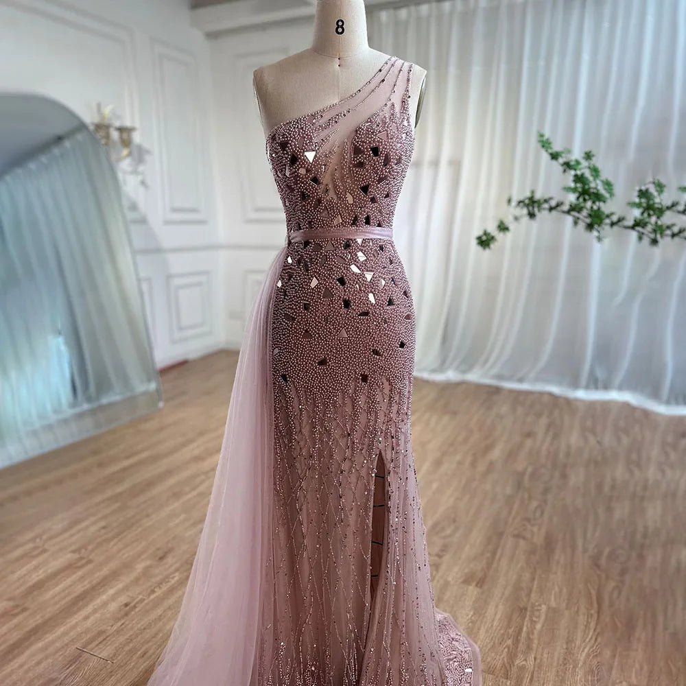 Luxury Dubai Arabic Purple Mermaid One Shoulder High Split Beaded Luxury Evening Dresses Gowns For Women Party LA71820 - SERENE HILL