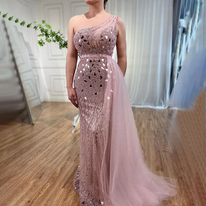 Luxury Dubai Arabic Purple Mermaid One Shoulder High Split Beaded Luxury Evening Dresses Gowns For Women Party LA71820 - SERENE HILL