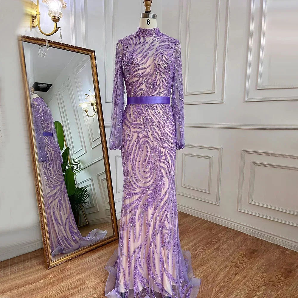 Serene Hill Arabic Purple Mermaid Puff High Neck Sleeves Elegant Beaded Evening Dresses Gowns For Women Party 2025 LA71815 - SERENE HILL