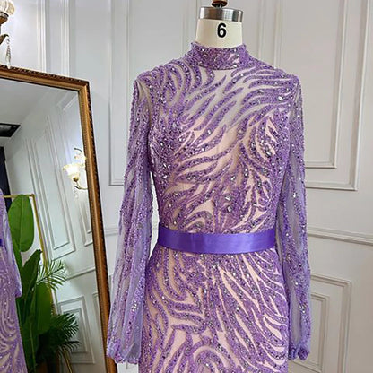 Serene Hill Arabic Purple Mermaid Puff High Neck Sleeves Elegant Beaded Evening Dresses Gowns For Women Party 2025 LA71815 - SERENE HILL