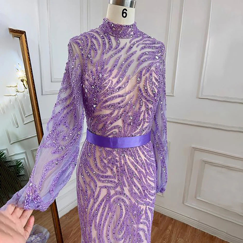Serene Hill Arabic Purple Mermaid Puff High Neck Sleeves Elegant Beaded Evening Dresses Gowns For Women Party 2025 LA71815 - SERENE HILL