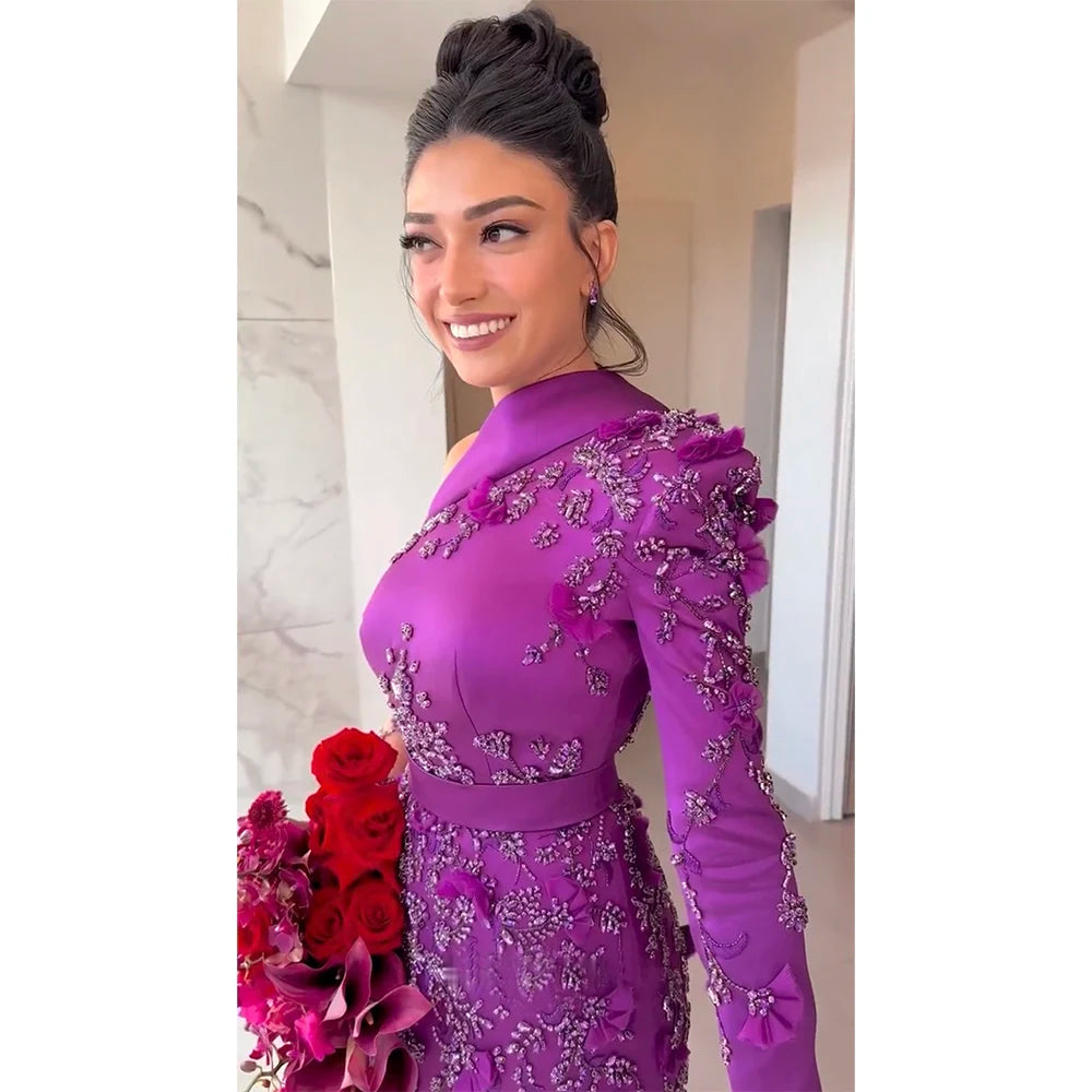Serene Hill Arabic Purple Mermaid Satin Lace Beaded Luxury Dubai Evening Dresses Gowns 2025 Elegant For Women Party LA72179 - SERENE HILL