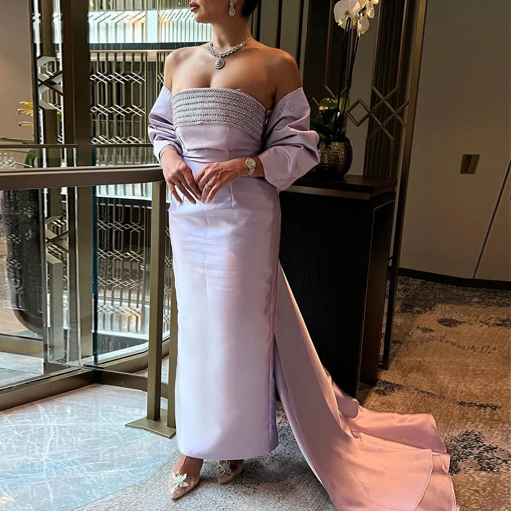 Serene Hill Arabic Purple Mermaid Satin With Jacket Beaded Evening Dresses Gowns 2025 For Women Wedding Party LA71897 - SERENE HILL