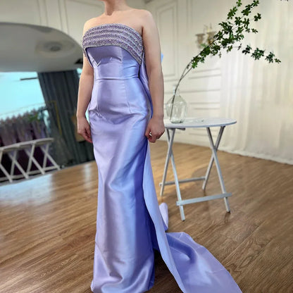 Serene Hill Arabic Purple Mermaid Satin With Jacket Beaded Evening Dresses Gowns 2025 For Women Wedding Party LA71897 - SERENE HILL