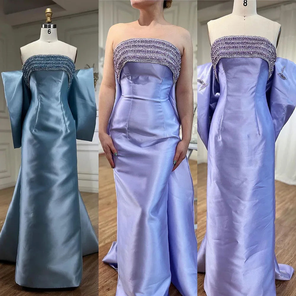Serene Hill Arabic Purple Mermaid Satin With Jacket Beaded Evening Dresses Gowns 2025 For Women Wedding Party LA71897 - SERENE HILL