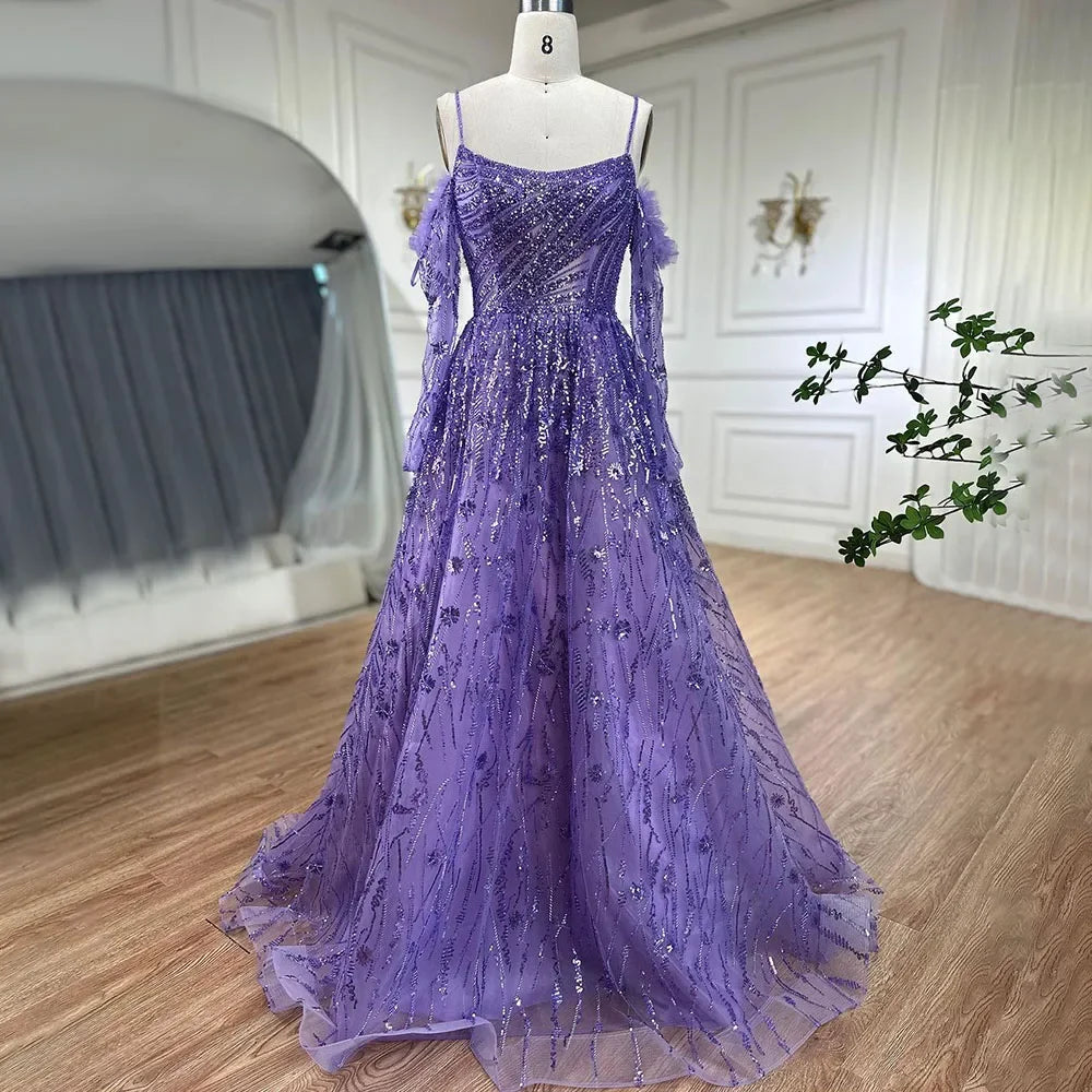 Serene Hill Arabic Purple Sexy Spaghetti Strap Long Sleeves Beaded Luxury A Line Dubai Evening Dresses 2025 LA72234 - SERENE HILL