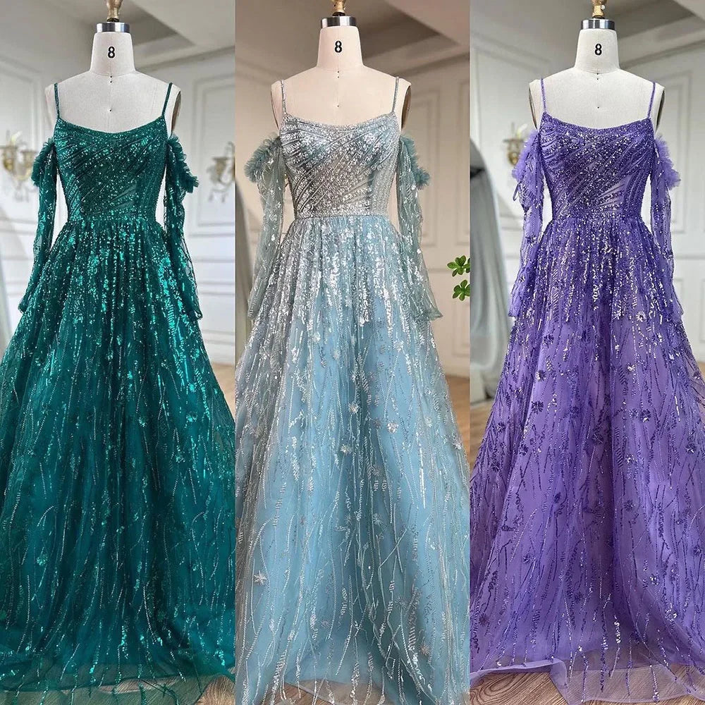 Serene Hill Arabic Purple Sexy Spaghetti Strap Long Sleeves Beaded Luxury A Line Dubai Evening Dresses 2025 LA72234 - SERENE HILL