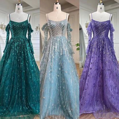 Serene Hill Arabic Purple Sexy Spaghetti Strap Long Sleeves Beaded Luxury A Line Dubai Evening Dresses 2025 LA72234 - SERENE HILL