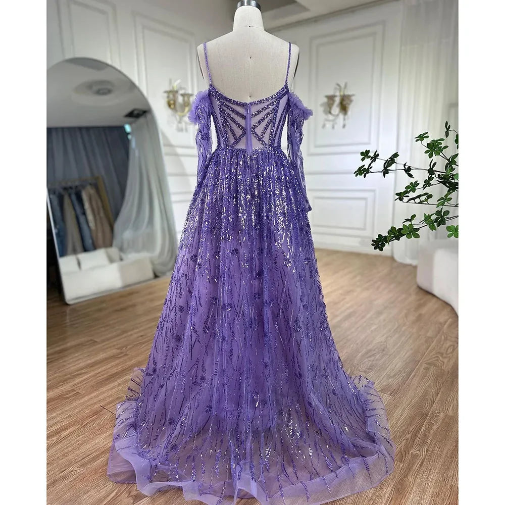 Serene Hill Arabic Purple Sexy Spaghetti Strap Long Sleeves Beaded Luxury A Line Dubai Evening Dresses 2025 LA72234 - SERENE HILL