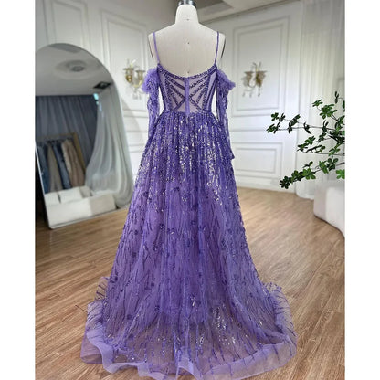 Serene Hill Arabic Purple Sexy Spaghetti Strap Long Sleeves Beaded Luxury A Line Dubai Evening Dresses 2025 LA72234 - SERENE HILL