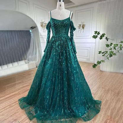 Serene Hill Arabic Purple Sexy Spaghetti Strap Long Sleeves Beaded Luxury A Line Dubai Evening Dresses 2025 LA72234 - SERENE HILL