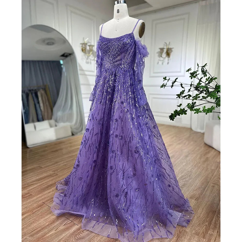 Serene Hill Arabic Purple Sexy Spaghetti Strap Long Sleeves Beaded Luxury A Line Dubai Evening Dresses 2025 LA72234 - SERENE HILL