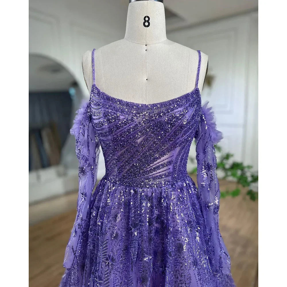 Serene Hill Arabic Purple Sexy Spaghetti Strap Long Sleeves Beaded Luxury A Line Dubai Evening Dresses 2025 LA72234 - SERENE HILL