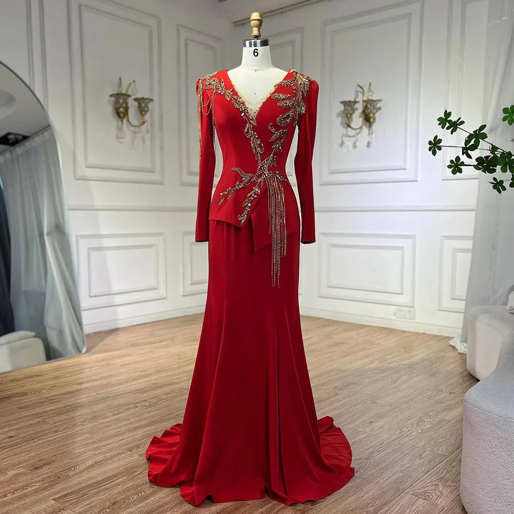 Serene Hill-Arabic Red Mermaid Dresses for Women, Elegant Tassel, Beaded, Luxury, Dubai Evening Gowns, Wedding Party, LA72558, - SERENE HILL