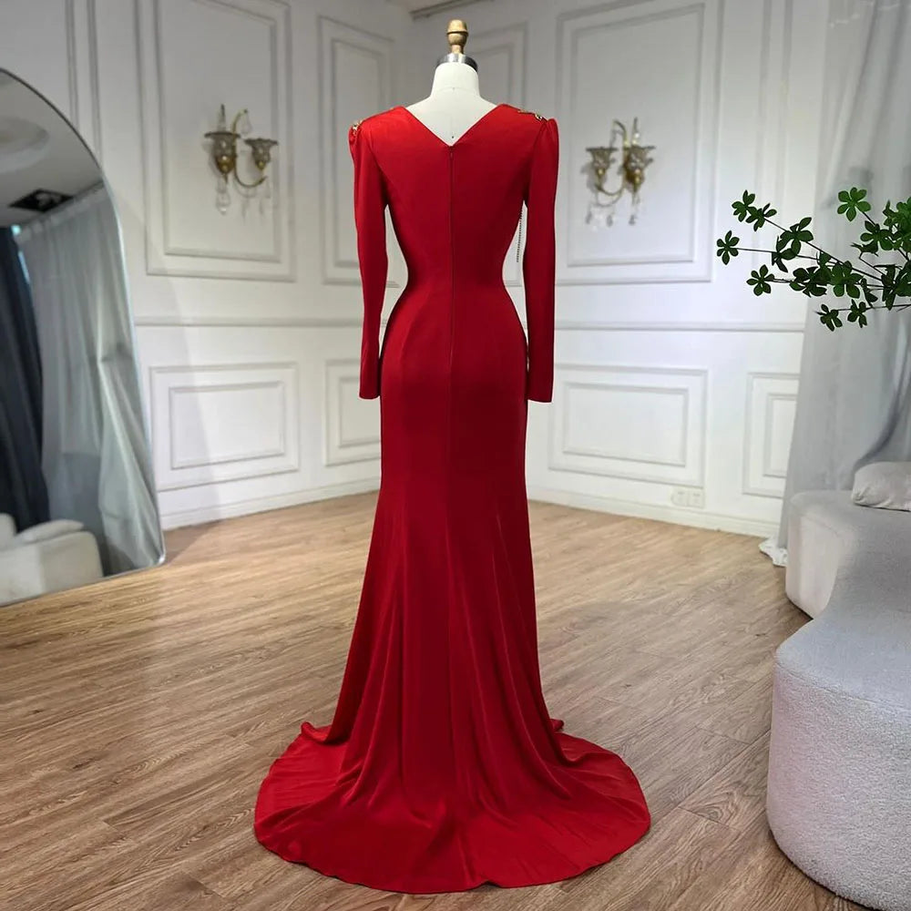 Serene Hill-Arabic Red Mermaid Dresses for Women, Elegant Tassel, Beaded, Luxury, Dubai Evening Gowns, Wedding Party, LA72558, - SERENE HILL