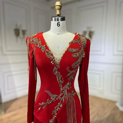 Serene Hill-Arabic Red Mermaid Dresses for Women, Elegant Tassel, Beaded, Luxury, Dubai Evening Gowns, Wedding Party, LA72558, - SERENE HILL