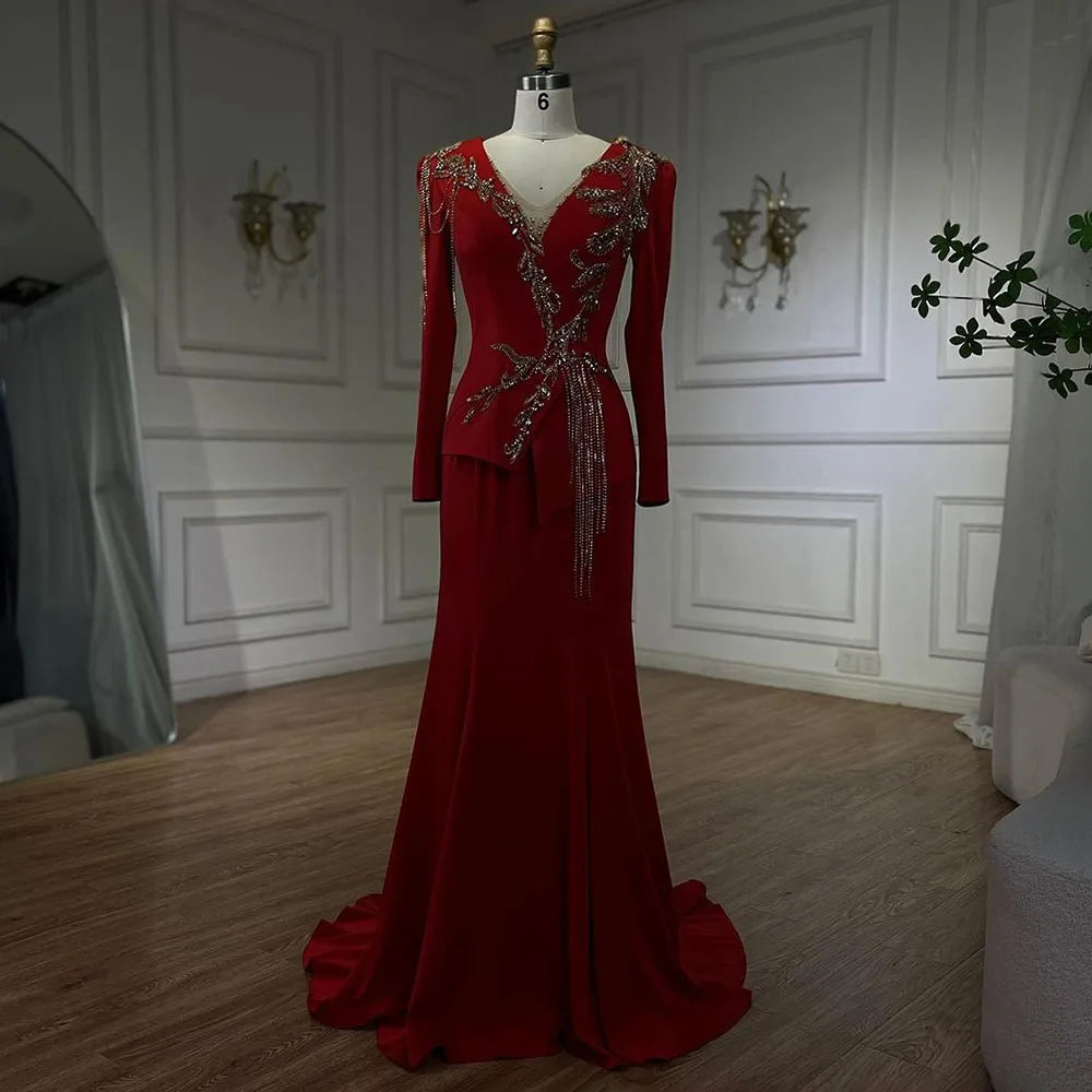 Serene Hill-Arabic Red Mermaid Dresses for Women, Elegant Tassel, Beaded, Luxury, Dubai Evening Gowns, Wedding Party, LA72558, - SERENE HILL