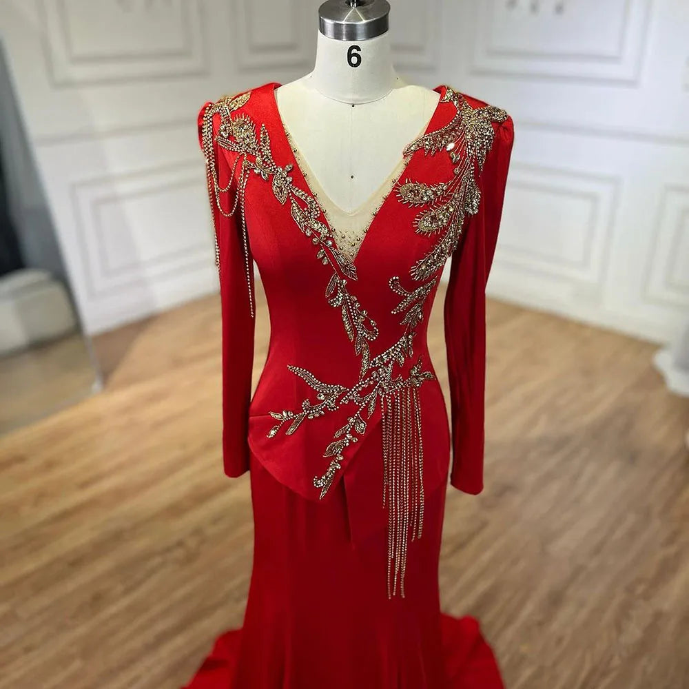 Serene Hill-Arabic Red Mermaid Dresses for Women, Elegant Tassel, Beaded, Luxury, Dubai Evening Gowns, Wedding Party, LA72558, - SERENE HILL