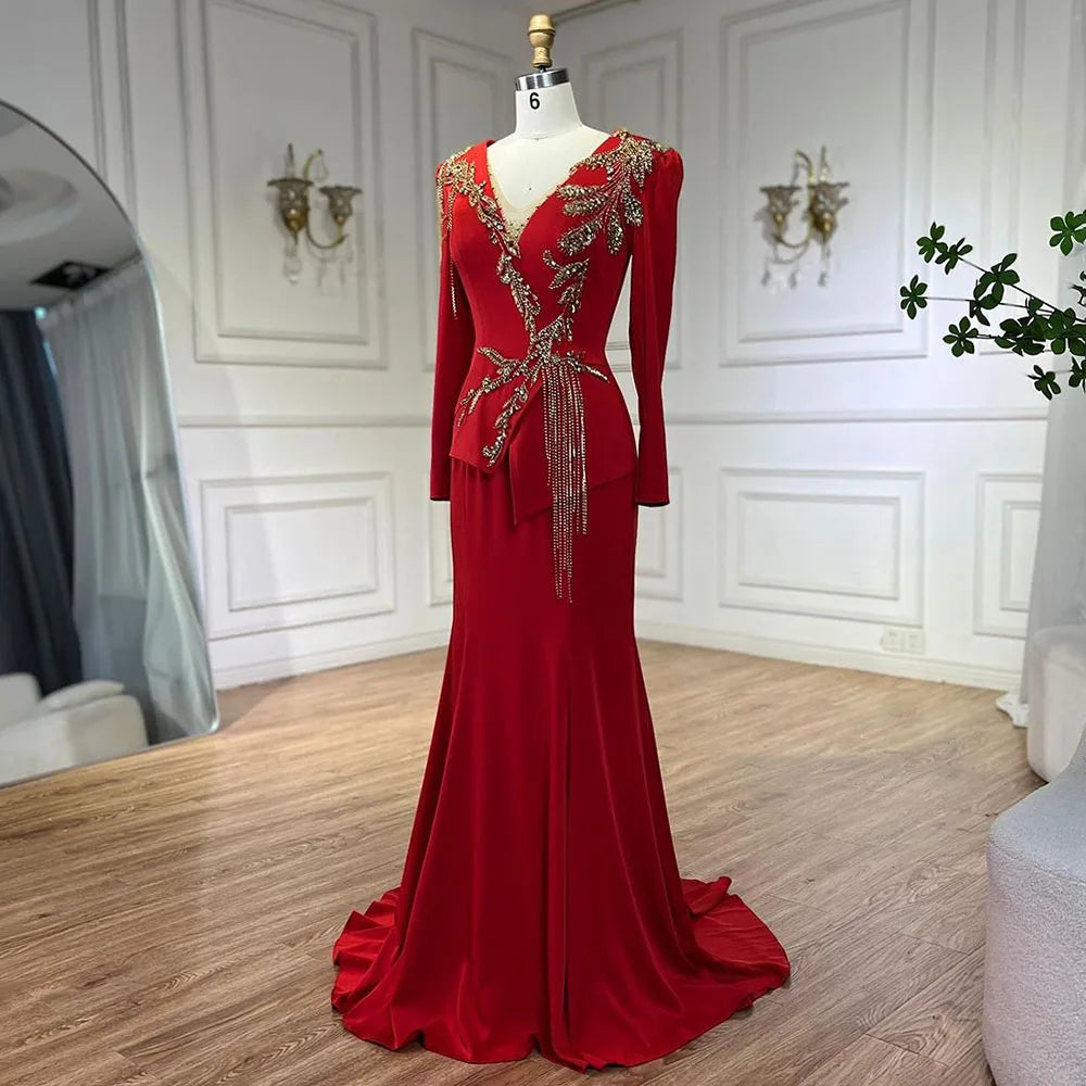 Serene Hill-Arabic Red Mermaid Dresses for Women, Elegant Tassel, Beaded, Luxury, Dubai Evening Gowns, Wedding Party, LA72558, - SERENE HILL