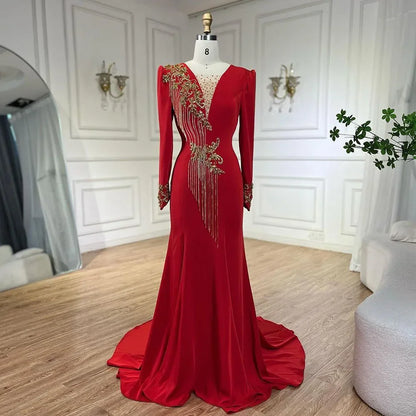 Serene Hill Arabic Red Mermaid Elegant Tassel Beaded Luxury Dubai Evening Dresses Gowns 2025 For Women Wedding Party LA72494 - SERENE HILL