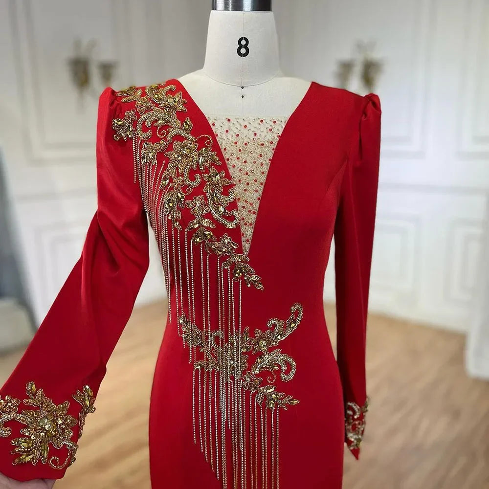 Serene Hill Arabic Red Mermaid Elegant Tassel Beaded Luxury Dubai Evening Dresses Gowns 2025 For Women Wedding Party LA72494 - SERENE HILL