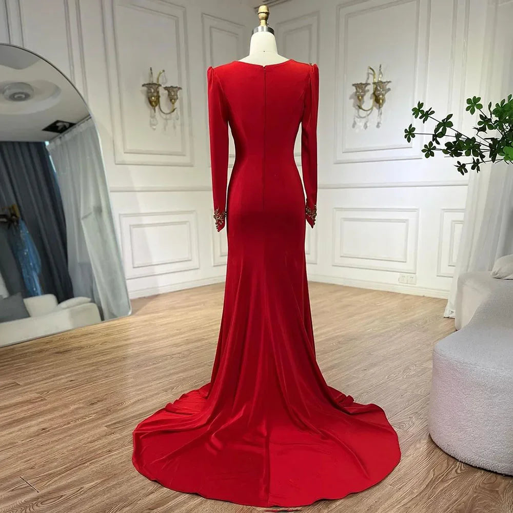 Serene Hill Arabic Red Mermaid Elegant Tassel Beaded Luxury Dubai Evening Dresses Gowns 2025 For Women Wedding Party LA72494 - SERENE HILL
