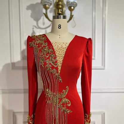 Serene Hill Arabic Red Mermaid Elegant Tassel Beaded Luxury Dubai Evening Dresses Gowns 2025 For Women Wedding Party LA72494 - SERENE HILL