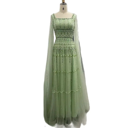 Luxury Dubai Arabic Sage Green Evening Gown with Cape Sleeves LA72595 - SERENE HILL