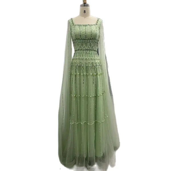 Luxury Dubai  Arabic Sage Green Evening Gown with Cape Sleeves  LA72595