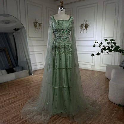Luxury Dubai Arabic Sage Green Evening Gown with Cape Sleeves LA72595 - SERENE HILL