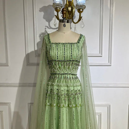 Luxury Dubai Arabic Sage Green Evening Gown with Cape Sleeves LA72595 - SERENE HILL