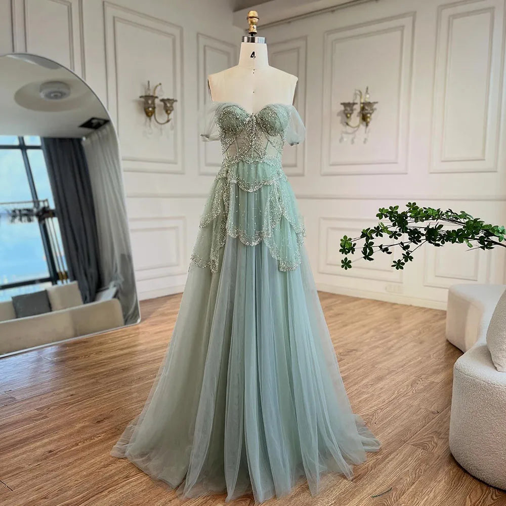 Luxury Sage Green Beaded A-Line Off-Shoulder Evening Dress LA72605 - wine red / 10 Luxury Sage Green Beaded A-Line Off-Shoulder Evening Dress LA72605 - wine red / 10