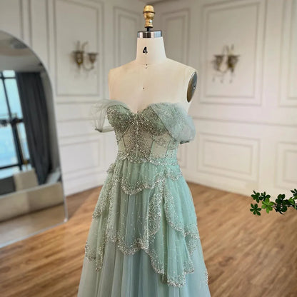 Luxury Sage Green Beaded A-Line Off-Shoulder Evening Dress LA72605 - SERENE HILL