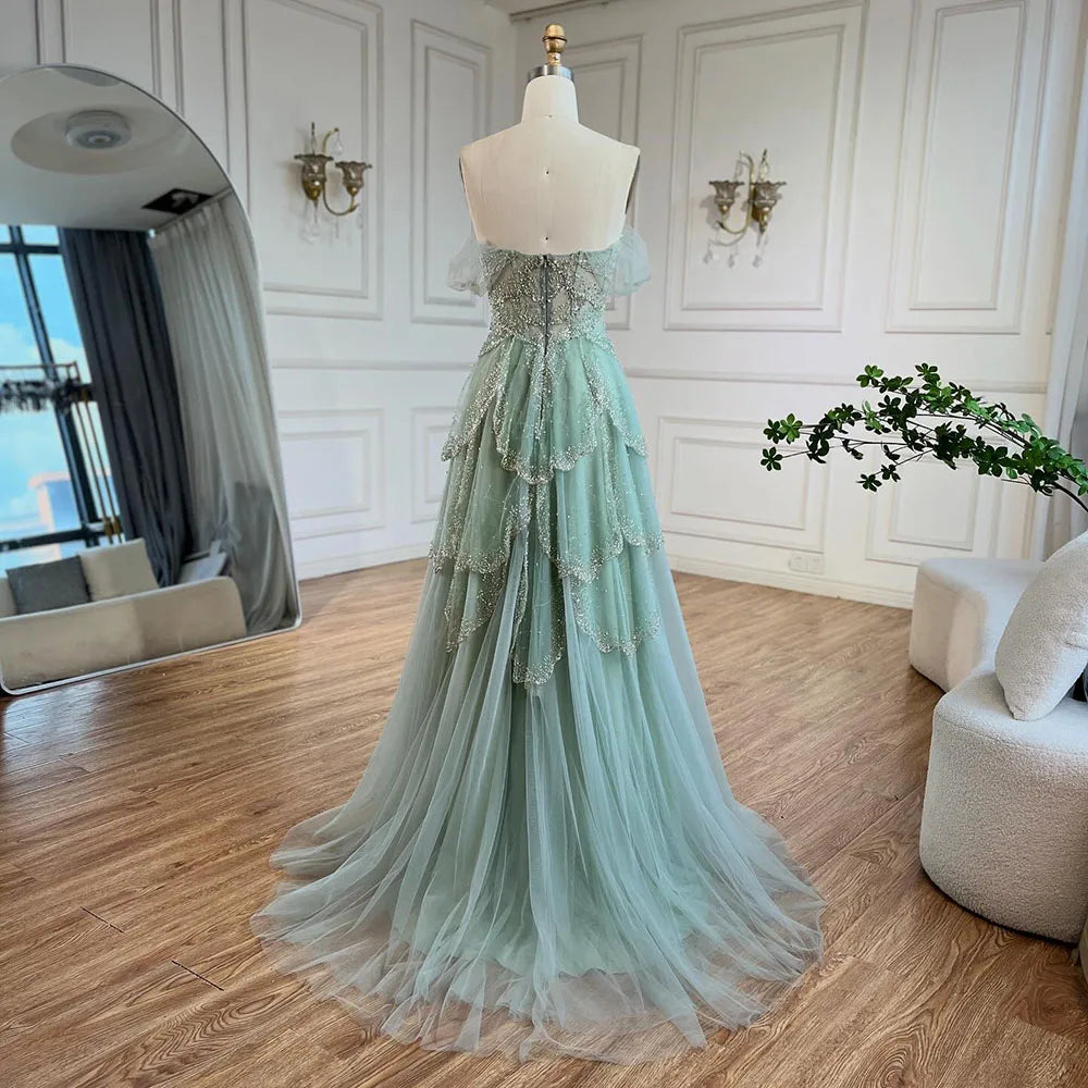 Luxury Sage Green Beaded A-Line Off-Shoulder Evening Dress LA72605 - SERENE HILL