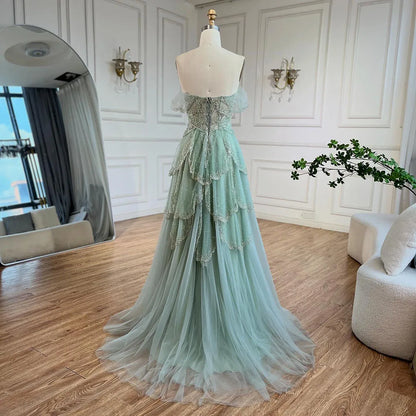 Luxury Sage Green Beaded A-Line Off-Shoulder Evening Dress LA72605 - SERENE HILL