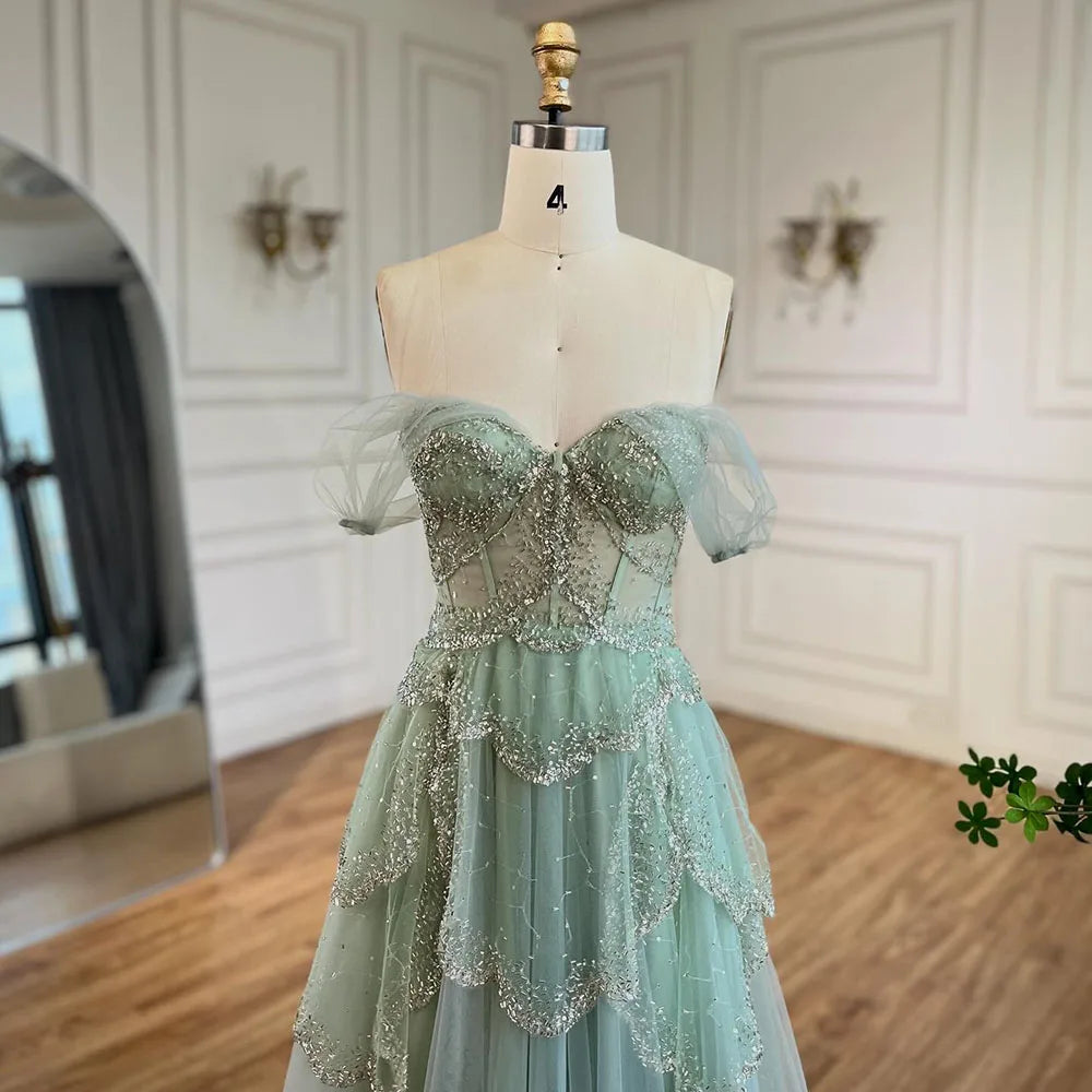 Luxury Sage Green Beaded A-Line Off-Shoulder Evening Dress LA72605 - SERENE HILL