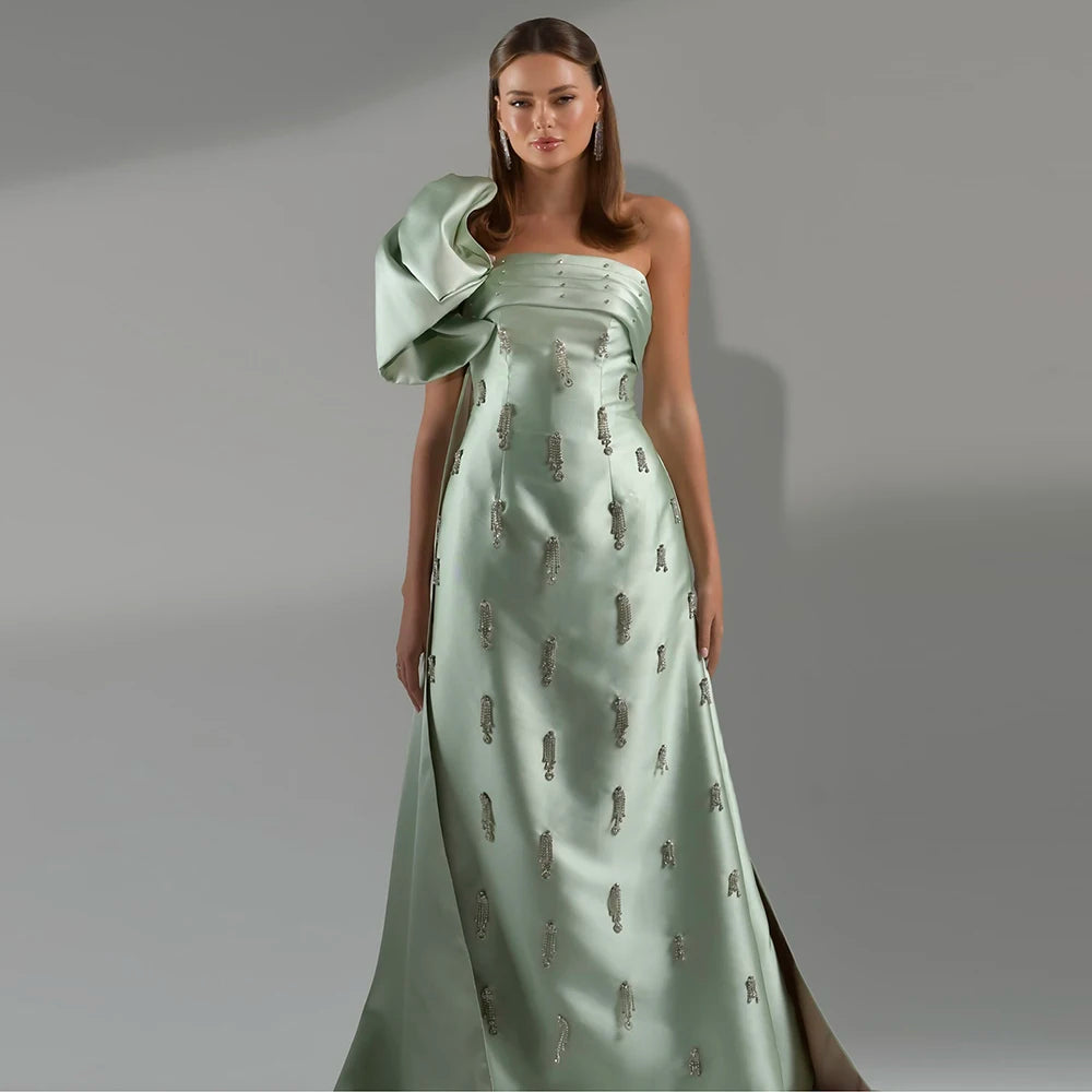 Serene Hill Arabic Sage Green One Shoulder with Cape Luxury Crystal Dubai Evening Dress Gowns for Women&