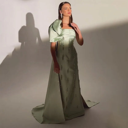 Serene Hill Arabic Sage Green One Shoulder with Cape Luxury Crystal Dubai Evening Dress Gowns for Women&