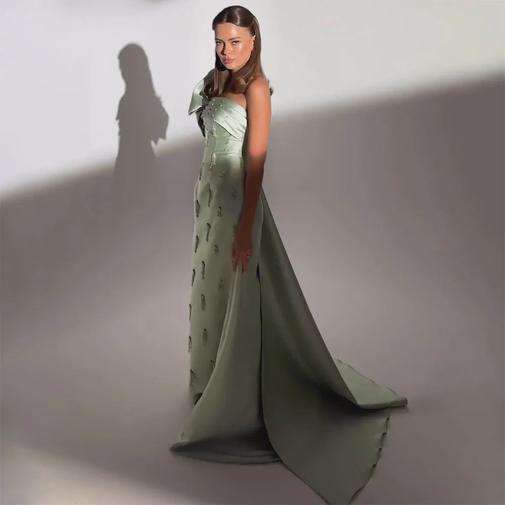 Serene Hill Arabic Sage Green One Shoulder with Cape Luxury Crystal Dubai Evening Dress Gowns for Women&