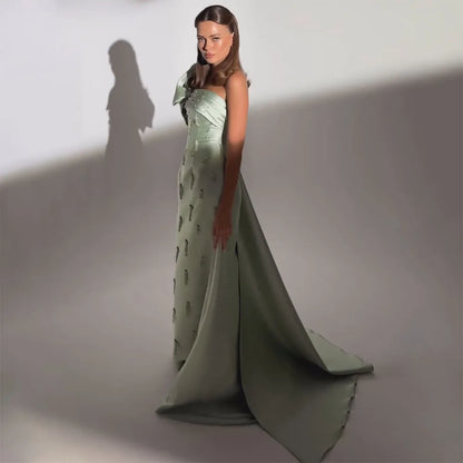 Serene Hill Arabic Sage Green One Shoulder with Cape Luxury Crystal Dubai Evening Dress Gowns for Women&