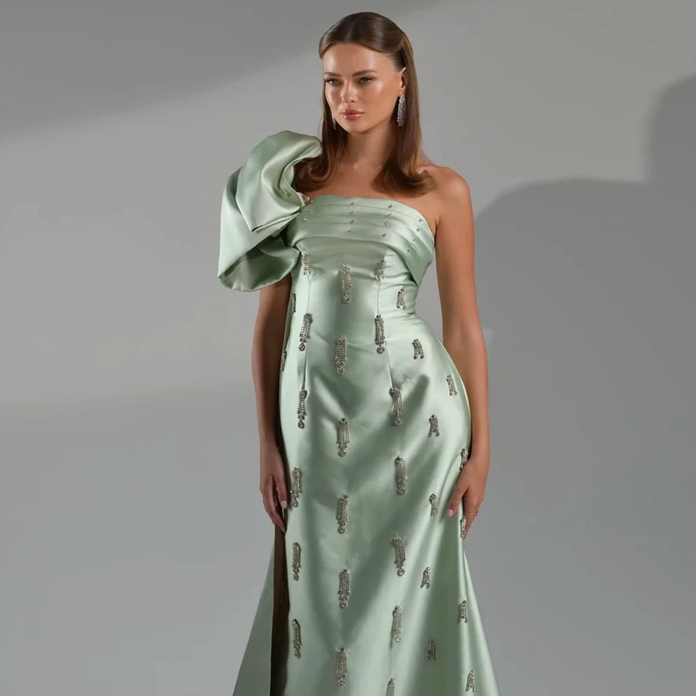 Serene Hill Arabic Sage Green One Shoulder with Cape Luxury Crystal Dubai Evening Dress Gowns for Women&
